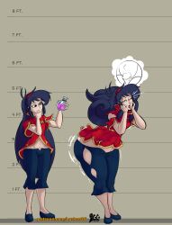  ahegao bimbofication black_hair breast_expansion breasts cleavage erection fellatio huge_hips hypnotic_drink hypnotic_drug long_hair lurkergg martial_arts_uniform penis skirt solo text thought_bubble torn_clothes transformation 