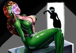  absurdres bodysuit breasts cleavage expressionless female_only femdom femsub foolycooly happy_trance headphones hypnotic_accessory large_breasts latex legs long_hair open_mouth orange_hair red_hair sam tech_control totally_spies visor 