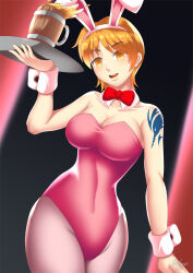breasts bunny_ears bunnysuit cleavage cuffs empty_eyes fake_animal_ears female_only femsub hadant large_breasts nami_(one_piece) one_piece orange_eyes orange_hair short_hair signature simple_background solo tattoo tray waitress