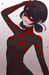 absurdres altair1272 alternate_costume alternate_hair_color black_hair blue_eyes breasts corruption earrings evil_smile femsub hair_ribbon hand_on_head jewelry marinette_dupain-cheng mask miraculous_ladybug red_eyes red_hair ribbon small_breasts smile super_hero twintails