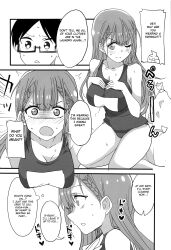  absurdres altered_common_sense alternate_costume aoi_manabu aware blush breasts dialogue embarrassed english_text femsub glasses large_breasts long_hair mafuyu_kirisu monochrome one_eye_open short_hair sweat swimsuit text thought_bubble we_never_learn yuiga_nariyuki 