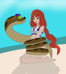  alternate_costume bare_legs barefoot beach bikini coils crossover disney feet femsub genshin_impact hypnotic_eyes kaa kaa_eyes kneeling legs long_hair maledom nilou_(genshin_impact) orange_hair outdoors sutralium the_jungle_book thighs 