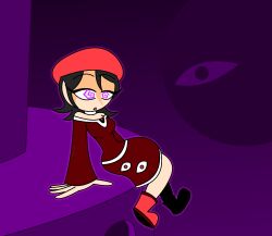 adeleine bare_shoulders black_hair boots choker clothed corruption dark_matter dress eyebrows_visible_through_hair eyeshadow female_only femsub gradient_background hat hourglass_figure hypnoscream kirby_(series) large_breasts long_hair night nintendo one_eye_open outdoors purple_background purple_eyes simple_background sitting skirt spiral_eyes wide_hips