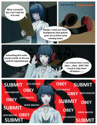 3d absurdres breasts comic female_only femsub headphones large_breasts persona_(series) persona_5 source_filmmaker supercasket tae_takemi tech_control text
