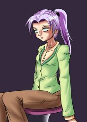  breasts clothed collarbone dazed dead_source empty_eyes expressionless femsub green_eyes hypnogoat666 long_hair open_mouth original ponytail purple_hair simple_background sitting small_breasts 