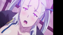 blush breasts female_only femsub large_breasts open_clothes open_mouth silver_hair