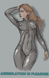  aethergee barcode bodysuit brown_hair collar drone erect_nipples erect_nipples_under_clothes female_only femsub graybot grey_background latex microchip sketch solo tech_control whitewash_eyes 