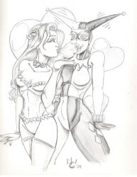 ahegao batman_(series) cleavage dc_comics doublem female_only femdom greyscale harley_quinn heart pheromones poison_ivy puckered_lips sketch spiral_eyes super_hero symbol_in_eyes tongue tongue_out western
