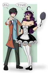 black_hair blush breasts code_geass curly_hair feather_duster femsub geass glowing glowing_eyes happy_trance hypno-tan large_breasts lelouch_lamperouge long_hair maid maid_headdress maledom original polmanning purple_hair smile text