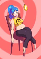  bare_shoulders barefoot blue_hair chair chubby clothed crop_top drool female_only femsub glasses midriff original pocket_watch ponytail psyfly solo 