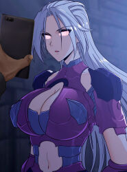 armor breasts cell_phone cleavage femsub glowing glowing_eyes huge_breasts isabella_(my_wife_is_a_demon_queen) long_hair looking_at_viewer manip misterman4_(manipper) my_wife_is_a_demon_queen open_mouth original silver_hair spiral_eyes symbol_in_eyes tagme tech_control