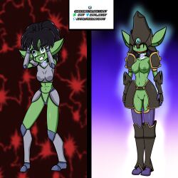  accidental_hypnosis before_and_after black_hair breasts clothed_exposure female_only femsub goblin_girl green_skin idpet resisting robot robotization short_hair solo standing standing_at_attention tech_control theresa_(sonrio) 