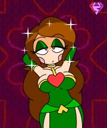  aged_up alternate_costume alternate_hairstyle arms_above_head blush brown_hair chara_(undertale) collarbone dress expressionless eye_roll eyebrows_visible_through_hair eyeshadow femsub heart hypnoscream large_breasts long_hair opera_gloves posing pov_dom queen red_background royalty simple_background sparkle tagme undertale watermark wide_hips 