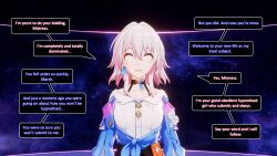 3d aliensdideverything_(manipper) choker dazed dialogue female_only femdom femsub honkai_star_rail manip march_7th_(honkai_star_rail) open_mouth pink_hair shikasaga short_hair speech_bubble text whitewash_eyes
