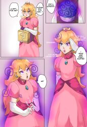 blonde_hair comic crown dress gloves glowing_eyes mushroom onefeefoor princess_peach text