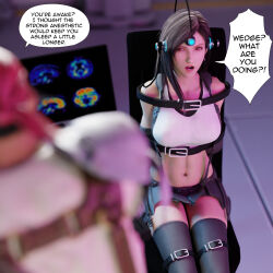 3d angry brown_hair clothed collarbone dialogue drugged english_text esccc femsub final_fantasy final_fantasy_vii headphones hypnotic_drug lipstick long_hair maledom midriff navel red_hair restrained sitting speech_bubble tech_control text tifa_lockhart trance_break wedge_(final_fantasy)