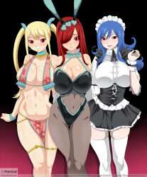  absurdres blonde_hair blue_hair blush breasts bunny_ears bunny_girl bunnysuit cleavage cuffs dancer edjim erza_scarlet fairy_tail fake_animal_ears female_only glowing glowing_eyes happy_trance harem_outfit huge_breasts juvia_loxar large_breasts long_hair lucy_heartfilia magic maid maid_headdress multiple_girls open_mouth pantyhose red_hair smile thighhighs 