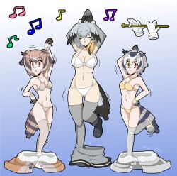 assistant_mimi_chan breasts brown_hair clothed_exposure dancing empty_eyes expressionless fake_animal_ears fake_tail flute gloves hypnotic_audio hypnotic_music instrument kemono_friends large_breasts multiple_girls multiple_subs music professor_konoha red_eyes shoebill_(kemono_friends) short_hair silver_hair thighhighs underwear undressing yellow_eyes zero-q