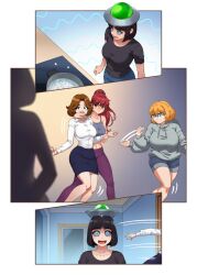  black_hair blue_eyes brown_eyes brown_hair chien_vietnam comic female_only femsub glasses green_eyes orange_hair original red_hair restrained ring_eyes ufo_hat 