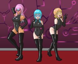  arms_above_head blue_eyes blue_hair drone evelyn_(sonrio) hand_on_hip happy_trance headphones high_heels latex leotard long_hair multicolored_hair mythkaz olive_(sonrio) original pink_eyes pink_hair posing short_hair silvrain_(sonrio) tech_control visor 