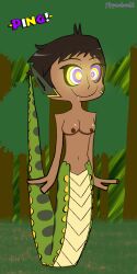 ahoge breasts brown_hair calypso_(hypnolordx) dark_skin dazed elf_ears fangs female_only femsub glowing_eyes happy_trance hypnolordx kaa_eyes monster_girl naga_girl nipples nude original ping ring_eyes short_hair signature smile snake_girl tail text