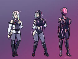  antenna ass_expansion bare_shoulders before_and_after bodysuit boots breast_expansion breasts cyberpunk_(series) cyberpunk_edgerunners drone dronification femsub high_heels huge_breasts inkyfluffsdraws knee-high_boots large_hips latex lucy_(cyberpunk) robot_girl short_hair signature simple_background slime standing standing_at_attention tech_control thighhighs visor white_hair 