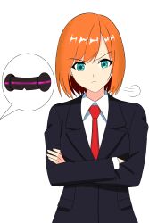  absurdres angry before_and_after blue_eyes clefla crossed_arms cyan_eyes female_only looking_at_viewer orange_hair original short_hair simple_background solo speech_bubble suit tie visor white_background 