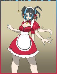 apron arched_back black_hair black_sclera blue_eyes blue_hair border bow breasts china_dress cleavage cleavage_cutout coin dress drool expressionless eyelashes female_only femsub frills gradient_background hair_buns large_breasts maid maid_headdress monster_girl multicolored_hair multiple_arms multiple_eyes nail_polish open_mouth original ribbon signature sobergin spider_girl spider_maid_(sobergin) spiral_eyes straight-cut_bangs thick_thighs thighs