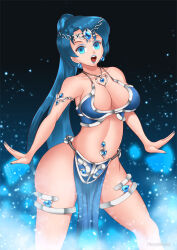 ass blue_hair breasts cleavage earrings empty_eyes female_only gradient_background hadant harem_outfit jewelry large_breasts lipstick long_hair makeup midriff navel navel_piercing necklace open_mouth sailor_mercury sailor_moon_(series) signature simple_background solo thighs transformation watermark