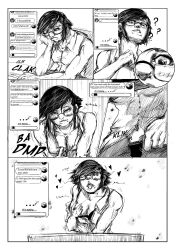 absurdres black_hair blush callie_(inkbean) comic dazed empty_eyes female_only femsub glasses greyscale happy_trance inkbean open_mouth original short_hair text tongue tongue_out trigger
