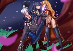 absurdres alternate_costume angel_(king_of_fighters) black_eyes black_hair blonde_hair blue_eyes bodysuit book breasts chin_hold cleavage closed_eyes clothed crossed_legs crossover female_only femdom femsub fingerless_gloves fire_emblem fire_emblem_awakening gloves glowing hair_covering_one_eye high_heels hypnotic_magic king_of_fighters large_breasts leaning_forward legs magic midriff navel nintendo outdoors plant rokie_alchemist_(faruso) rwby shoes short_hair sitting sleeping smile tharja thick_thighs thighhighs thighs tight_clothing trees very_long_hair white_hair yang_xiao_long yuri