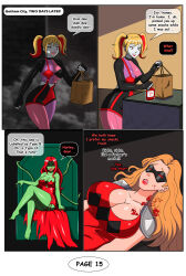  bare_legs barefoot batman_(series) blonde_hair blood chair character_request clown comic crossed_legs dc_comics dialogue dlobo777 english_text feet green_skin harley_quinn legs long_hair multiple_girls multiple_subs poison_ivy ponytail red_eyes red_hair sitting speech_bubble text vampire vines 