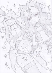  banshou breasts cap clothed coin drool empty_eyes expressionless female_only femsub garter greyscale hat hilda large_breasts long_hair midriff monochrome multiple_girls multiple_subs navel nintendo open_mouth pendulum pokemon pokemon_black_and_white ponytail pussy_juice short_shorts simple_background skyla standing standing_at_attention sweat traditional vest 