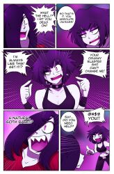 choker comic dialogue eyeshadow gacha_gotcha goth hair_covering_one_eye humor kobi94 lilith_(gacha_gotcha) long_hair midriff pale_skin rift_(gacha_gotcha) sharp_teeth short_hair speech_bubble text