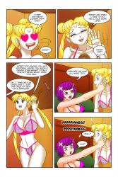  bare_shoulders bed blonde_hair blue_eyes bow bra cleavage comic dialogue empty_eyes facial_markings femdom femsub freckles hair_buns happy_trance heart_eyes kimberly_smith_(daveyboysmith9) large_breasts lingerie midriff open_mouth original panties purple_eyes purple_hair purple_lipstick sailor_moon sailor_moon_(series) short_hair smile story symbol_in_eyes text twintails wadevezecha wrist_band 