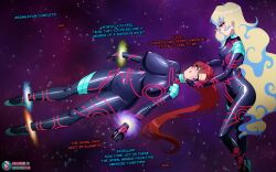 4headboiii absurdres alternate_costume assimilation blonde_hair bodysuit breasts corruption dazed dialogue english_text expressionless facial_markings female_only femdom femsub floating gurren_lagann hand_on_another&#039;s_cheek hand_on_head huge_breasts hypnotized_dom hypnotized_hypnotist magic nia_teppelin ponytail red_hair restrained sub_on_sub text tight_clothing very_long_hair yellow_eyes yoko_littner