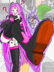 aoba_shochodo aura automata_(fate) aware blush body_control breasts confused embarrassed facial_markings fate/grand_order fate/stay_night fate_(series) femsub foot_focus goddess humiliation large_breasts medusa_(fate) medusa_(rider)_(fate) non-binary_dom one_eye_open outdoors purple_hair symbol thigh_boots thighhighs thighs tickling trembling very_long_hair