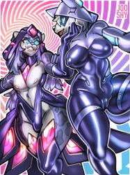 blue_eyes bodysuit breasts bulge cameltoe clothed color eye_mask femboy furry gloves grey_hair hypnotic_eyes jooshdooshy latex long_hair original resine_(resine) selin_(selinmalianis) snow_leopard_boy spiral_eyes standing super_hero thick_thighs thighhighs tight_clothing wolf_girl