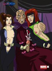  blue_eyes breast_grab breasts brown_hair clothed_exposure cum erection expressionless groping handjob happy_trance hent jean_grey kitty_pryde large_breasts large_penis magic maledom marvel_comics mesmero open_clothes penis ponytail pubic_hair red_eyes red_hair small_breasts super_hero tattoo western x-men 