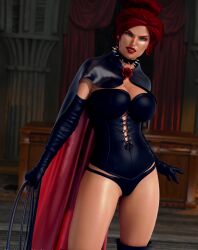 3d absurdres boots breasts cape cleavage collar corruption corset female_only femdom gloves green_eyes jean_grey knee-high_boots large_breasts marvel_comics op-tron opera_gloves red_hair roses short_hair solo super_hero thong whip x-men