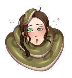 blush brown_hair coils dazed deareditor drool femsub katniss_everdeen messy_hair open_mouth ponytail ring_eyes simple_background snake the_hunger_games white_background