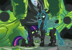  animals_only changeling chin_hold cocoon corruption cyan_hair drone fangs femdom femsub green_hair horns horse long_hair magic multicolored_hair my_little_pony open_mouth queen_chrysalis slit_pupils straight-cut_bangs transformation twilight_sparkle unicorn viraljp wings 