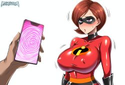    ai_art bodysuit elastigirl fanthoria_(generator) helen_parr open_mouth phone purple_eyes spiral tech_control the_incredibles 