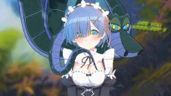  artist_request bare_shoulders blue_hair blush breasts disney femsub hair_ornament happyhypno_(manipper) hypnotic_eyes jungle kaa kaa_eyes maid maid_headdress maledom manip re:zero_starting_life_in_another_world rem_(re:zero) short_hair small_breasts smile snake text the_jungle_book trees 