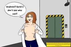  altered_common_sense femsub glasses happy_trance lab_coat pzurnia scientist spiral_eyes tagme text undressing 