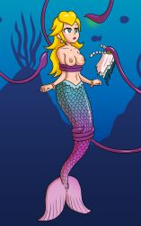 blonde_hair dazed expressionless femsub fish_girl glowing mermaid mythkaz nintendo princess_peach princess_peach_showtime simple_background super_mario_bros. tail tentacles topless underwater undressing