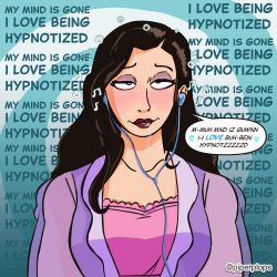 asami_sato avatar_the_last_airbender black_hair dazed dialogue drool earbuds eye_roll happy_trance legend_of_korra long_hair mantra pajamas piperplops self_hypnosis spiral_background text