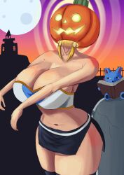 blonde_hair cat fairy_tail foolycooly halloween happy_(fairy_tail) huge_breasts huge_hips large_breasts large_hips lucy_heartfilia midriff pumpkin spiral zombie_walk