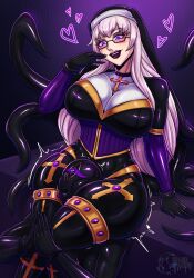 androgynous_sub corset cross drone femdom glasses gloves glowing_eyes head_in_lap heart latex lipstick mistress_velzea nun prayer purple_eyes tentacles thighs white_hair