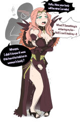 bare_legs bare_shoulders blush breasts character_request choker cleavage cornelia_(fire_emblem) dialogue dress english_text femsub fire_emblem fire_emblem_three_houses ghost green_eyes happy_trance high_heels large_breasts legs long_hair masturbation nail_polish nintendo open_mouth pink_hair possession pussy_juice smile speech_bubble standing text toenail_polish vel white_background